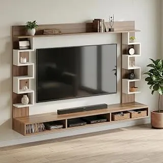FURNEASER Cabiar Wall Mount TV Unit for Living Room Wooden Entertainment Center with Storage Shelves Modern TV Panel Stand Showcase for up to 55 Inch Media Console Cabinet Exotic Teak & White