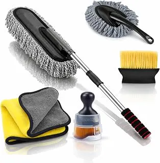 5 PCS Microfiber Car Cleaning Kit with Extendable Handle – Car Cleaning Kit for Interior Exterior, Scratch & Lint Free Car Duster, Car Cleaning Accessories, Car Wash & Detailing Kit for Car Bike Home