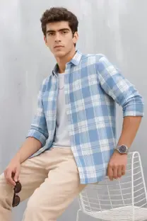 S-LINE Men Checkered Casual Light Green Shirt