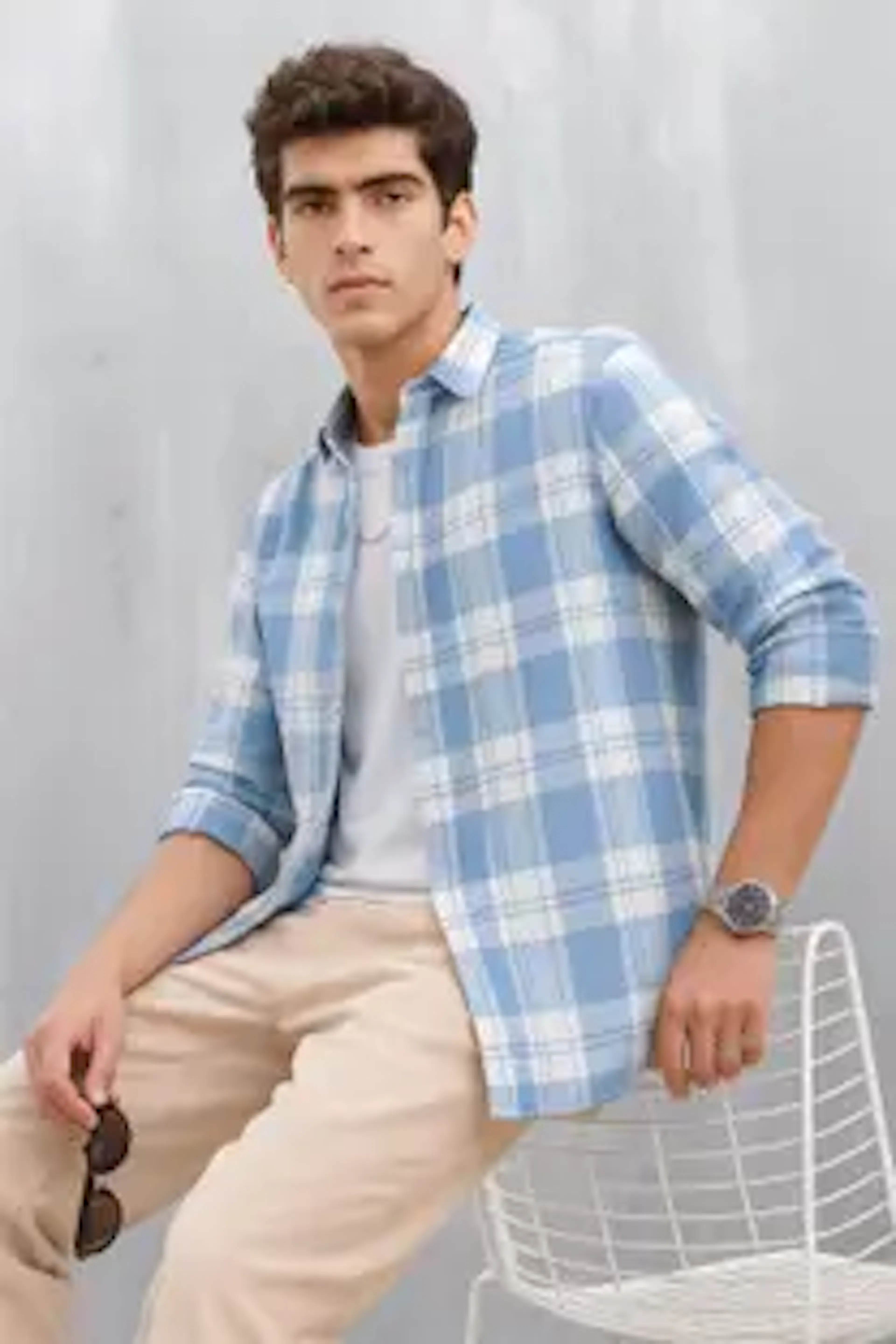 S-LINE Men Checkered Casual Light Green Shirt