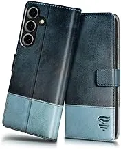 FLIPPED Vegan Leather Flip Case Back Cover for Samsung Galaxy S25 5G (Flexible, Shock Proof | Hand Stitched Leather Finish | Card Pockets Wallet & Stand | Blue with Aquamarine)