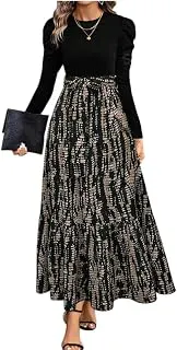 HKVClasi Women's Autumn Dress with Bow Tie Belt, Leaf & Floral Patchwork A-Line Dress Maxi Women Outfit Black