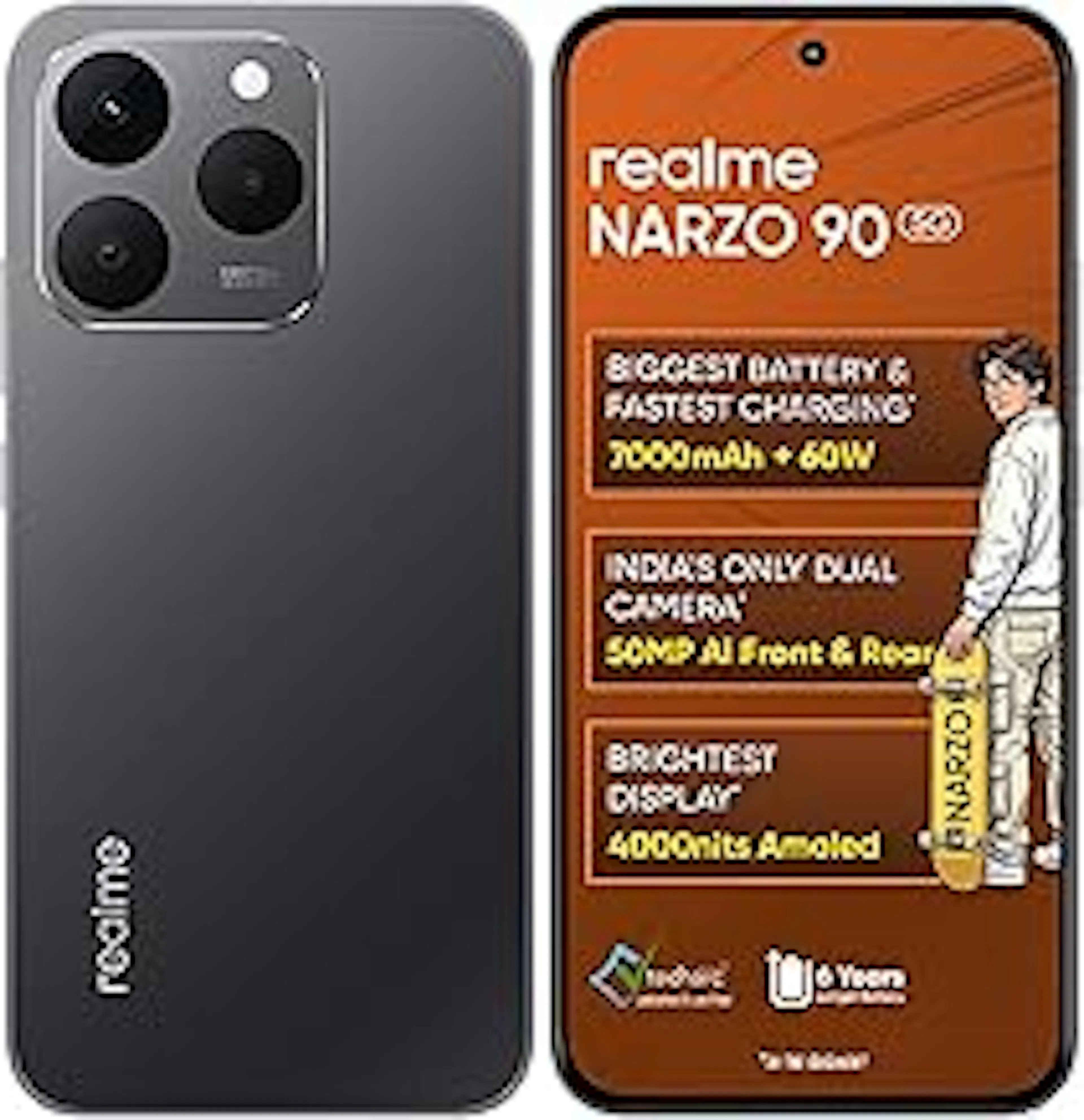 realme NARZO 90 5G (Carbon Black,8GB+128GB) | 7000mAh Biggest Battery | 60W Fastest Charging | 50MP Front & Rear AI Cameras | 4000nits Brightest Display | AI Assist | IP69 Dust & Water Resistance