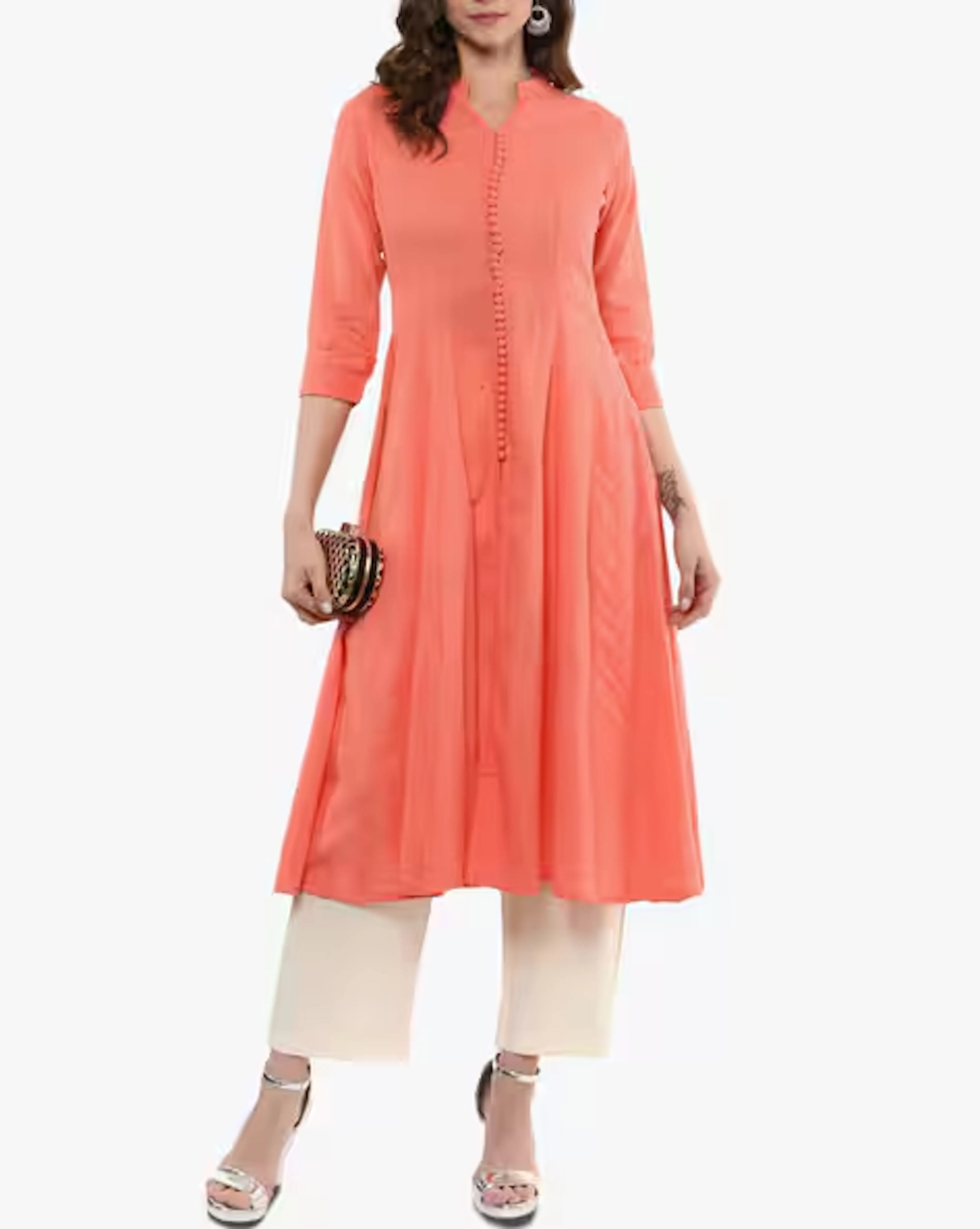 Flared Kurta with Notched Band Collar