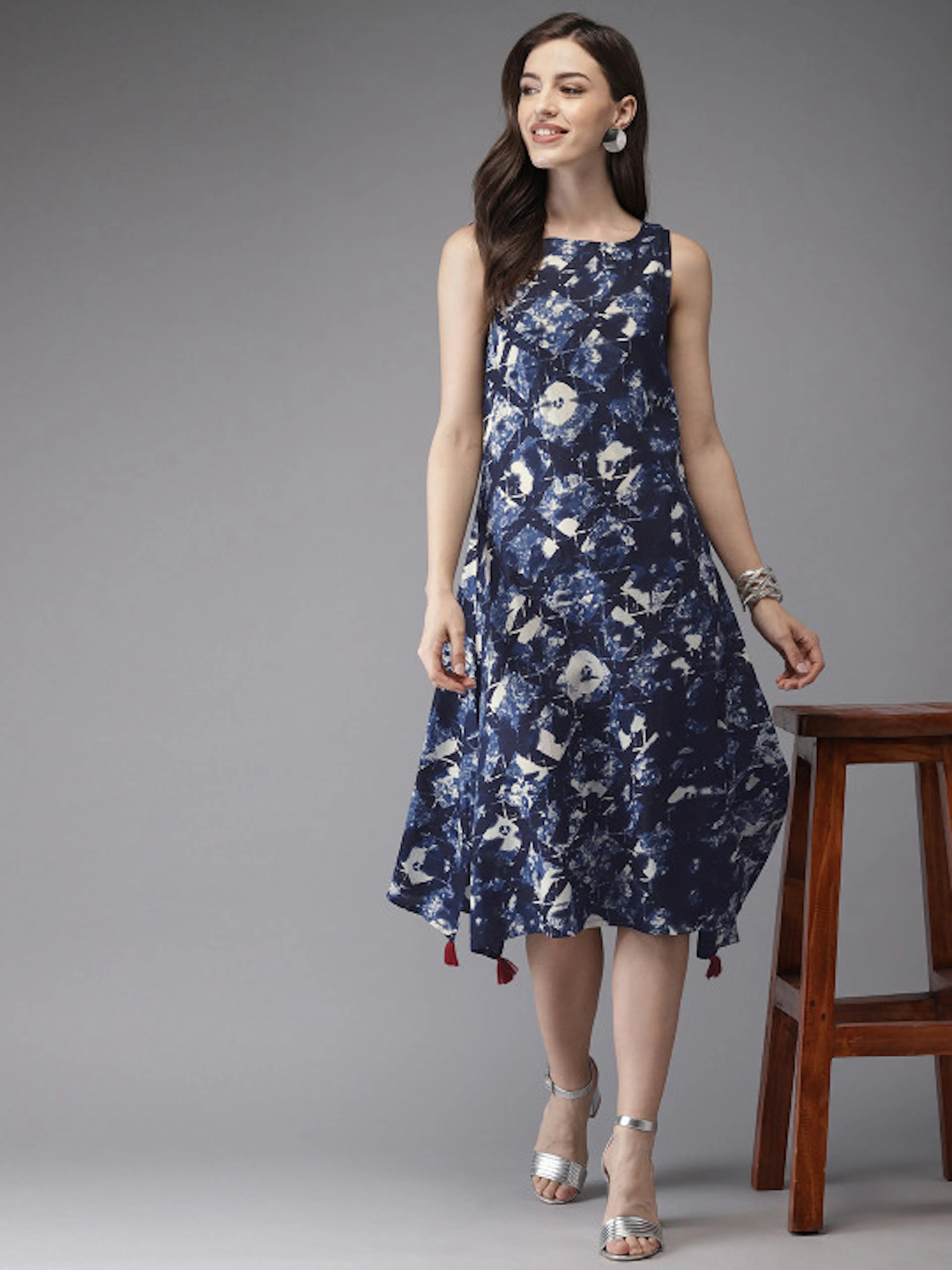 Anouk Women Blue & White Printed Asymmetric A-Line Fusion Kurta