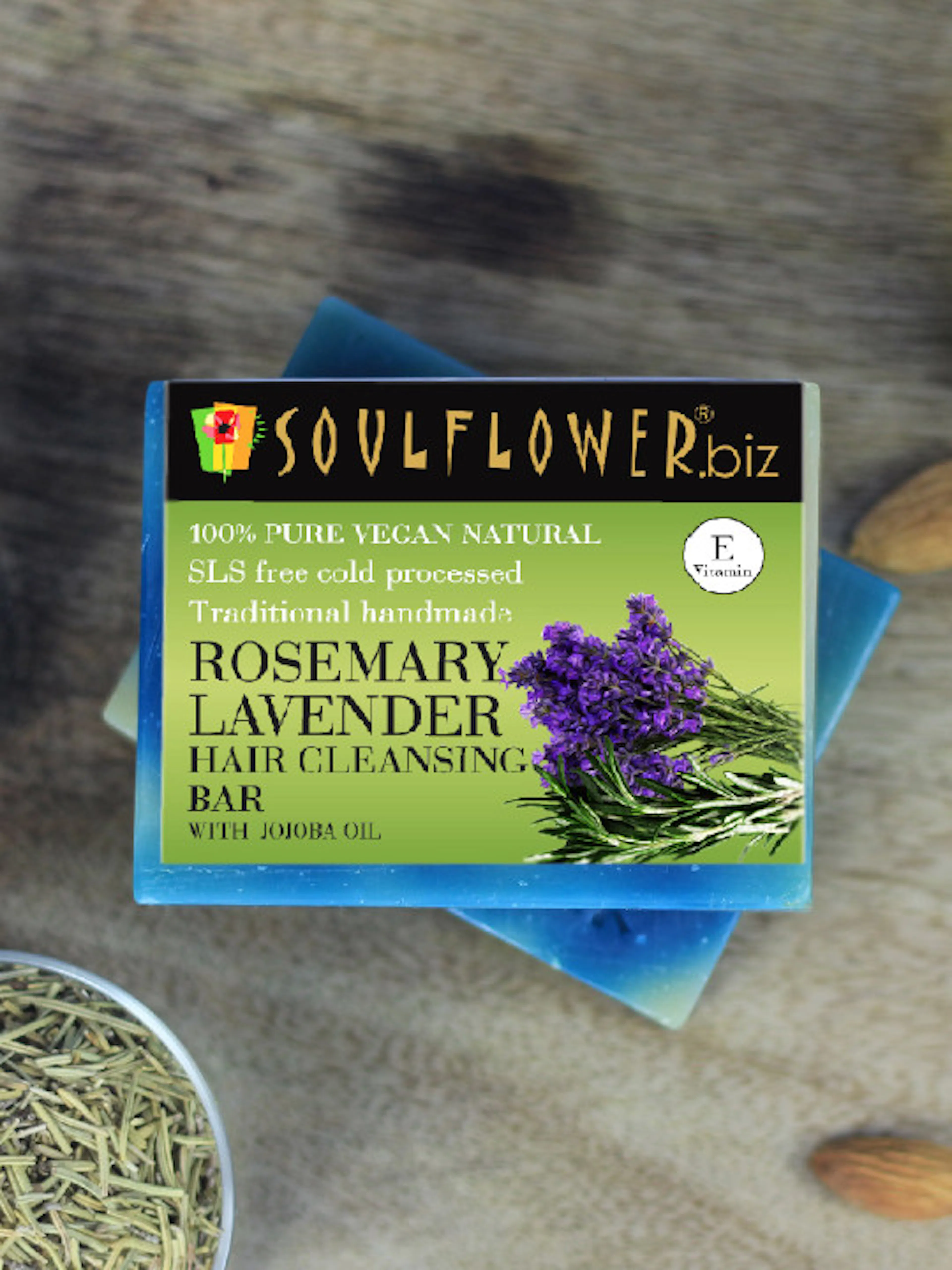 Soulflower Sustainable Unisex Rosemary Lavender Hair Cleansing Bar with Jojoba Oil - 150 g