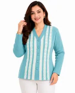 TOPGLOW Self Design V Neck Casual Women Green Sweater