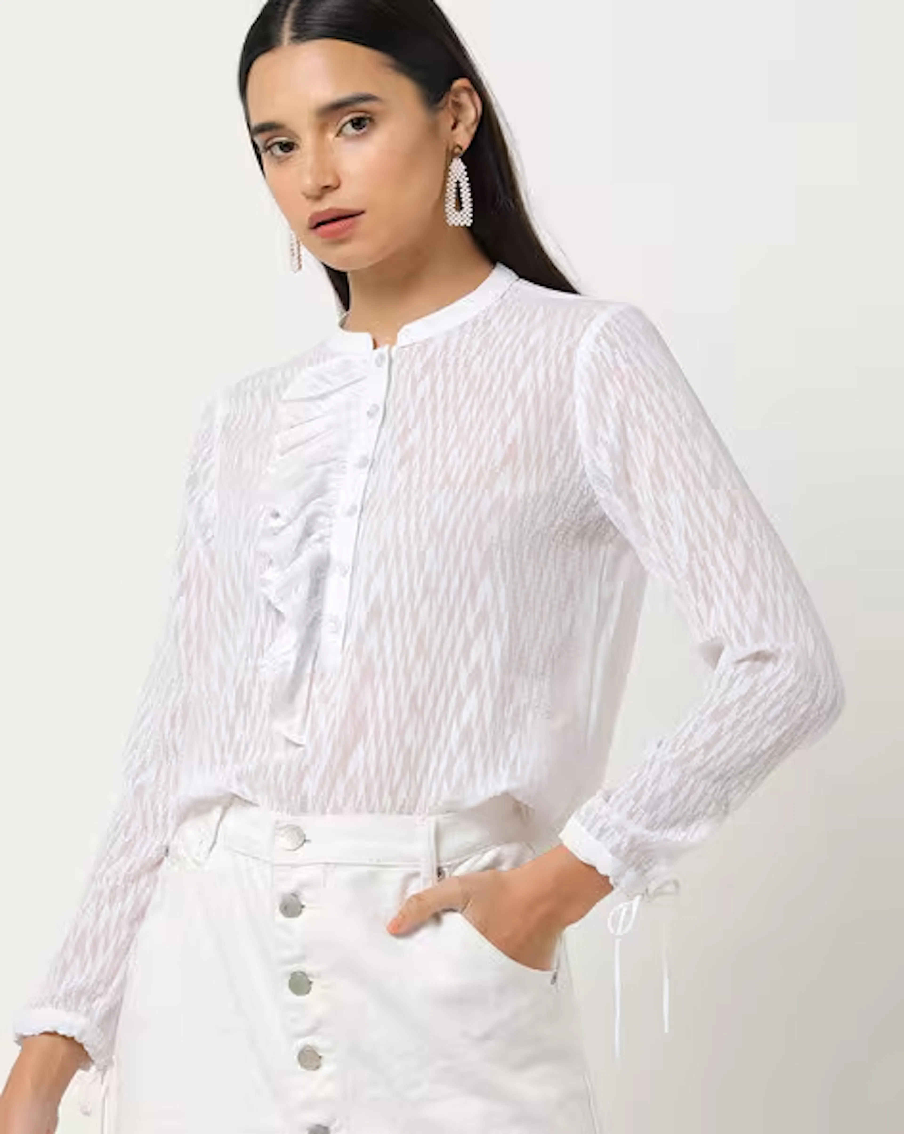 Sheer Slim Fit Shirt with Band Collar