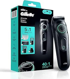 Gillette Series 3 All-in-One Beard & Body Trimmer for Man (by Braun) | 40 length settings for Face, Body, Head & Private Parts | Ultra Sharp Blades for Precise trim | Sensitive Body Comb for body grooming | 3-Year Warranty | 5 on top Attachments | 50 Min Runtime