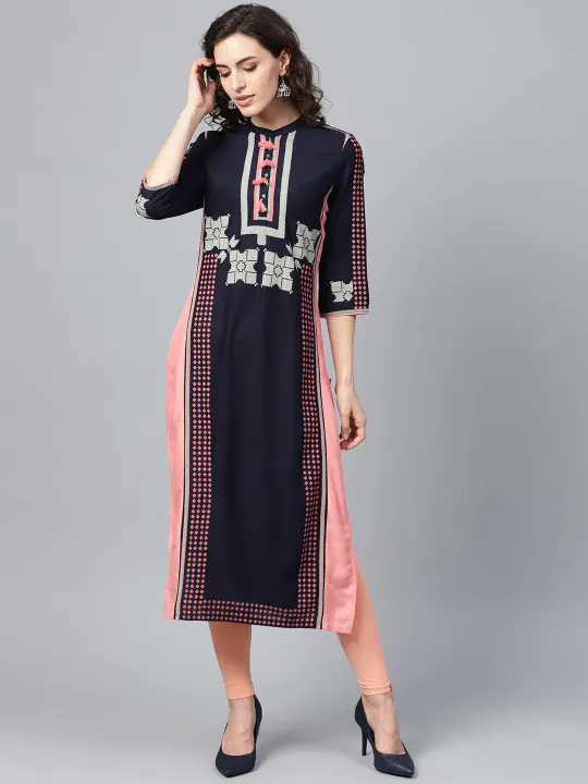 W Women Navy Blue & Pink Printed Straight Kurta