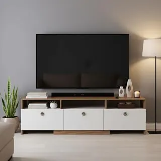 FURNEASER Mansor Engineered Wood Tv Unit for Living Room, Set Top Box Stand, LED Entertainment Unit with Door, Cabinet, Large for 50 to 65 Inch Tv (Exotic Teak & White)
