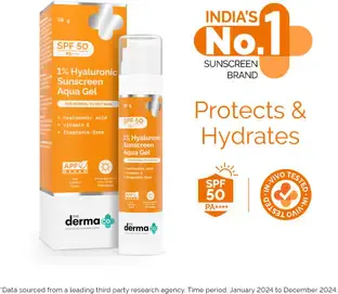 The Derma Co Sunscreen - SPF 50 PA++++ 1% Hyaluronic Sunscreen Aqua Ultra Light Gel with SPF 50 PA++++ For Broad Spectrum, UV A, UV B & Blue Light Protection
