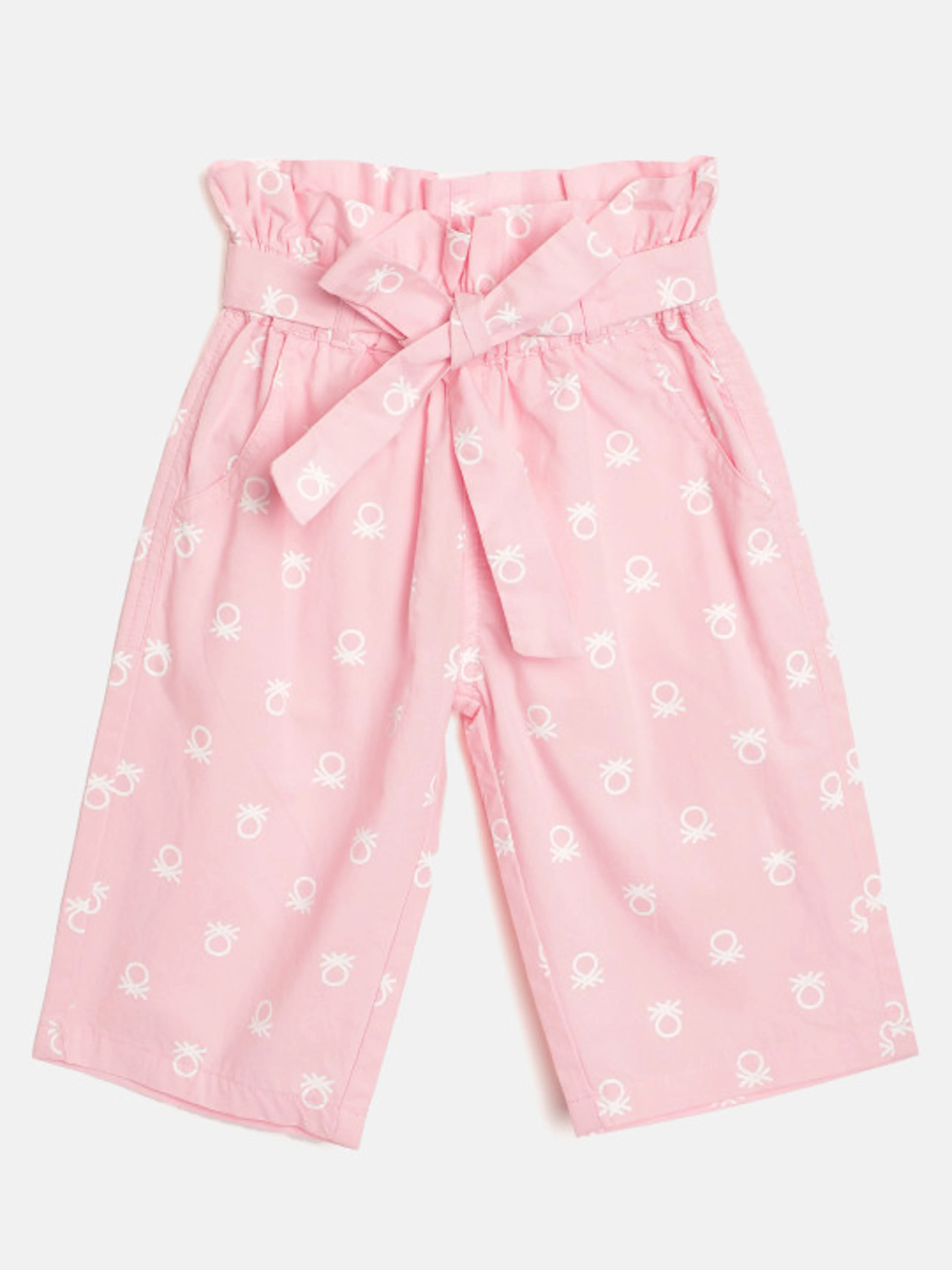 United Colors of Benetton Girls Pink & White Brand Logo Print Pure Cotton Culottes