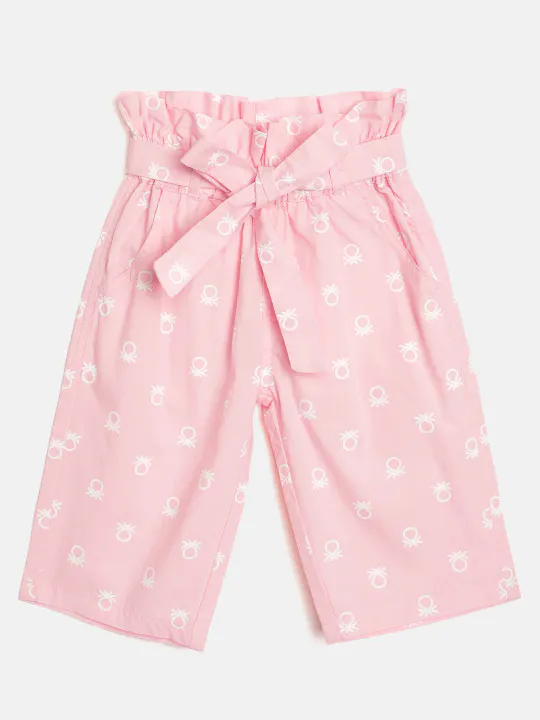 United Colors of Benetton Girls Pink & White Brand Logo Print Pure Cotton Culottes