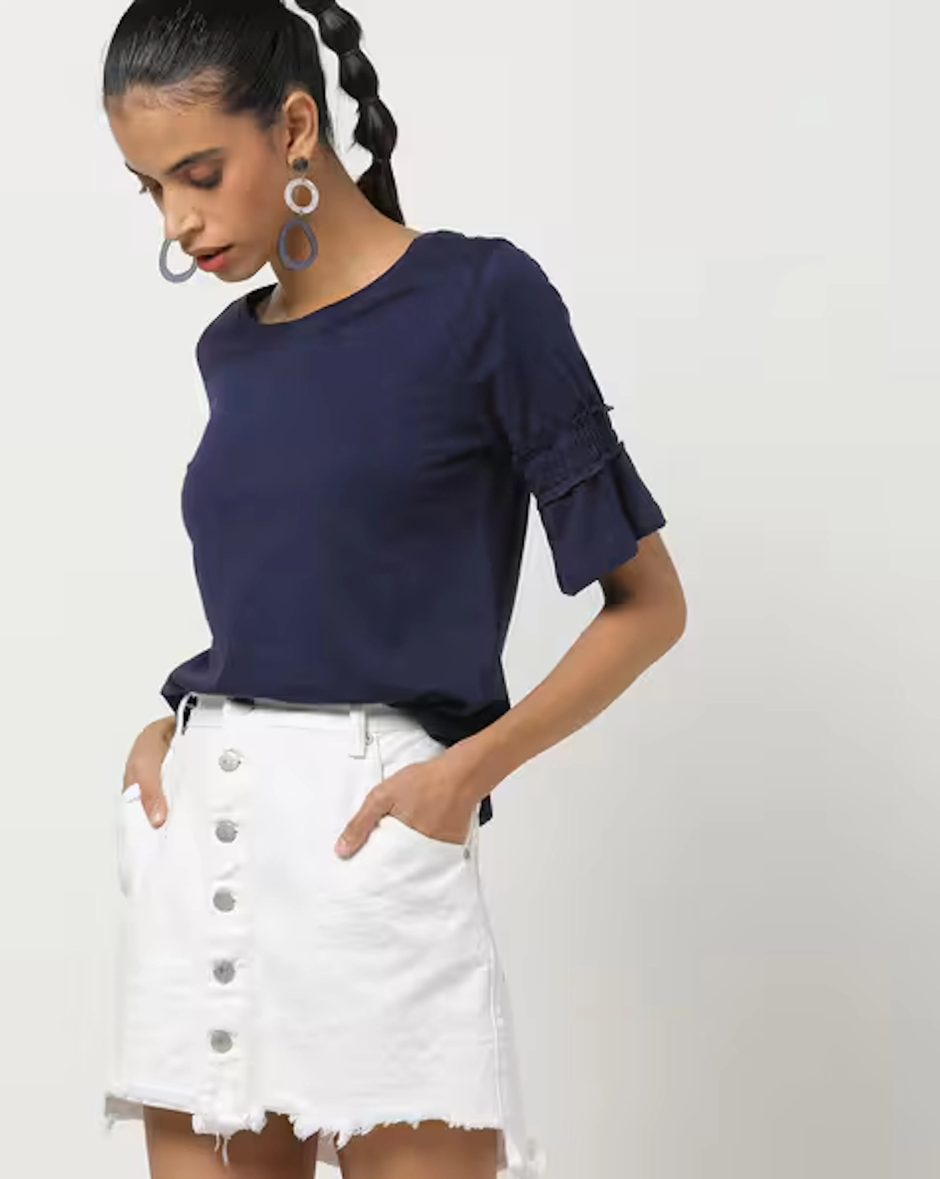 Round-Neck T-shirt with Elasticated Bell Sleeves