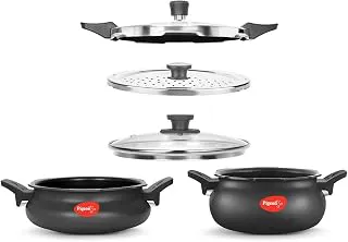 Pigeon All in One Value Pack Hard Anodized Super Cooker with Induction Base Outer Lid, 5 Litre and 3 Litre, 3 Lids (Pressure Lid, Strainer Lid and Serving Lid), Black