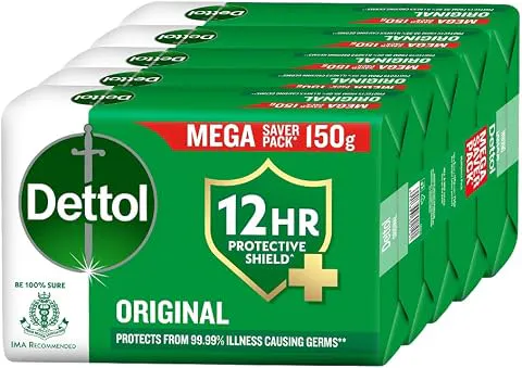 Dettol Original Bathing Soap Bar with 12 HR protective shield (750gm) | Kills 99.99% Germs, 150g (Pack of 5) Germ Protection