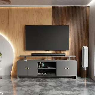 Modern TV Unit for Living Room | Wooden TV Cabinet with Open Shelf & Storage | Entertainment Unit | Assembly-DIY | Color-Grey