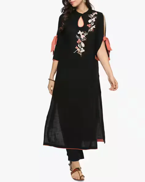 High-Neck Kurta with Floral Embroidered Yoke