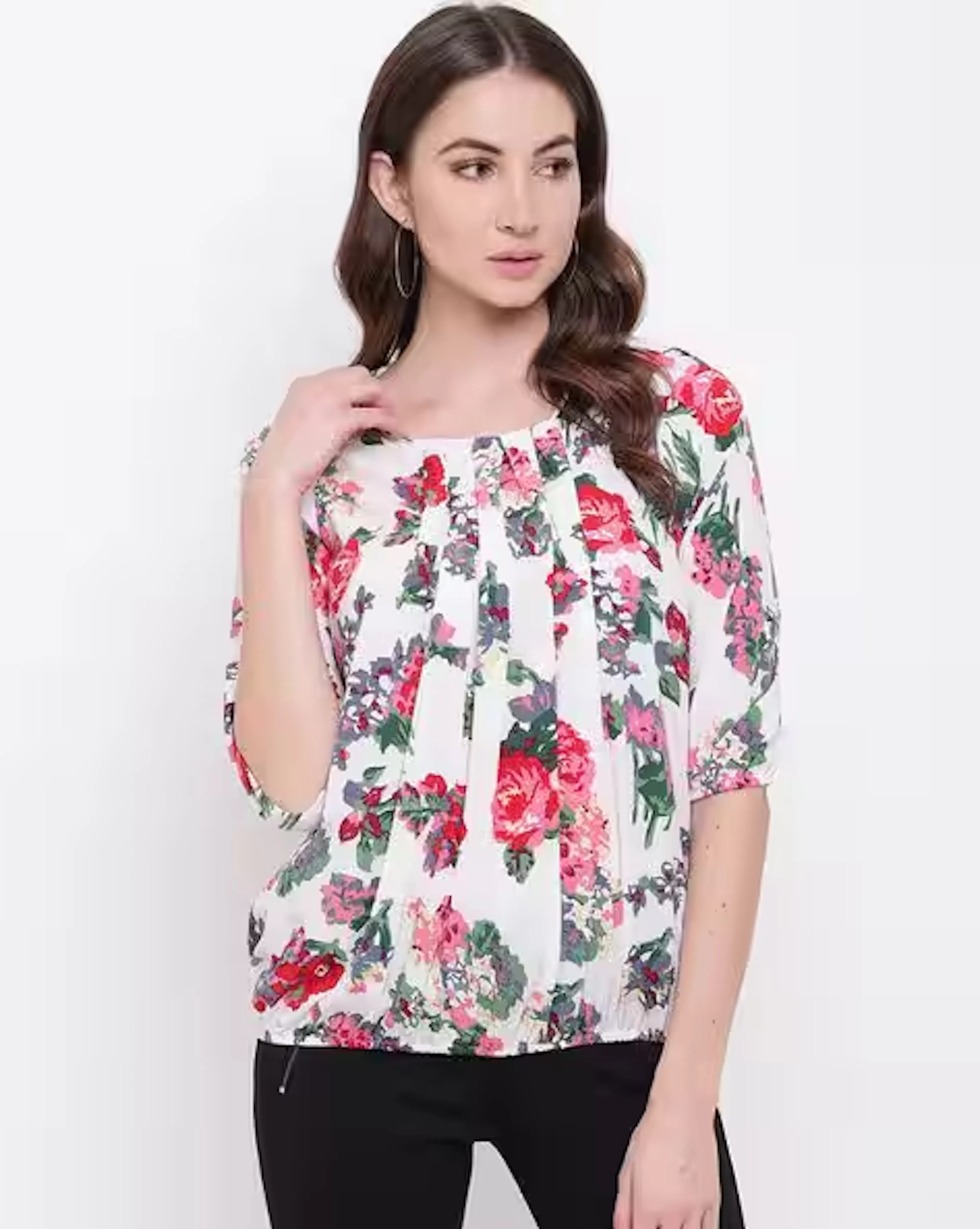 Floral Print Top with Box-Pleats