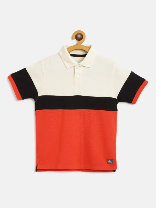Cherry Crumble Boys Cream-Coloured & Orange Colourblocked Polo Collar T-shirt