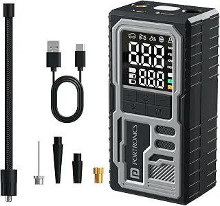 Portronics Vayu 10 Type-C Rechargeable Tyre Inflator, 2 x2000 mAh Batteries, Digital Display, 150 PSI, Preset Modes, Flashlight with SOS, Pressure Detection, for Cars, Bikes, Bicycles & Sport Balls