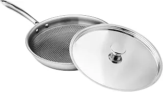 Amazon Basics Non-Stick Honeycomb Triply Stainless Steel Frying Pan with Steel Lid, 26 cm - 2.3L, Fast & Even Heating, Induction & Gas Compatible Stainless Steel