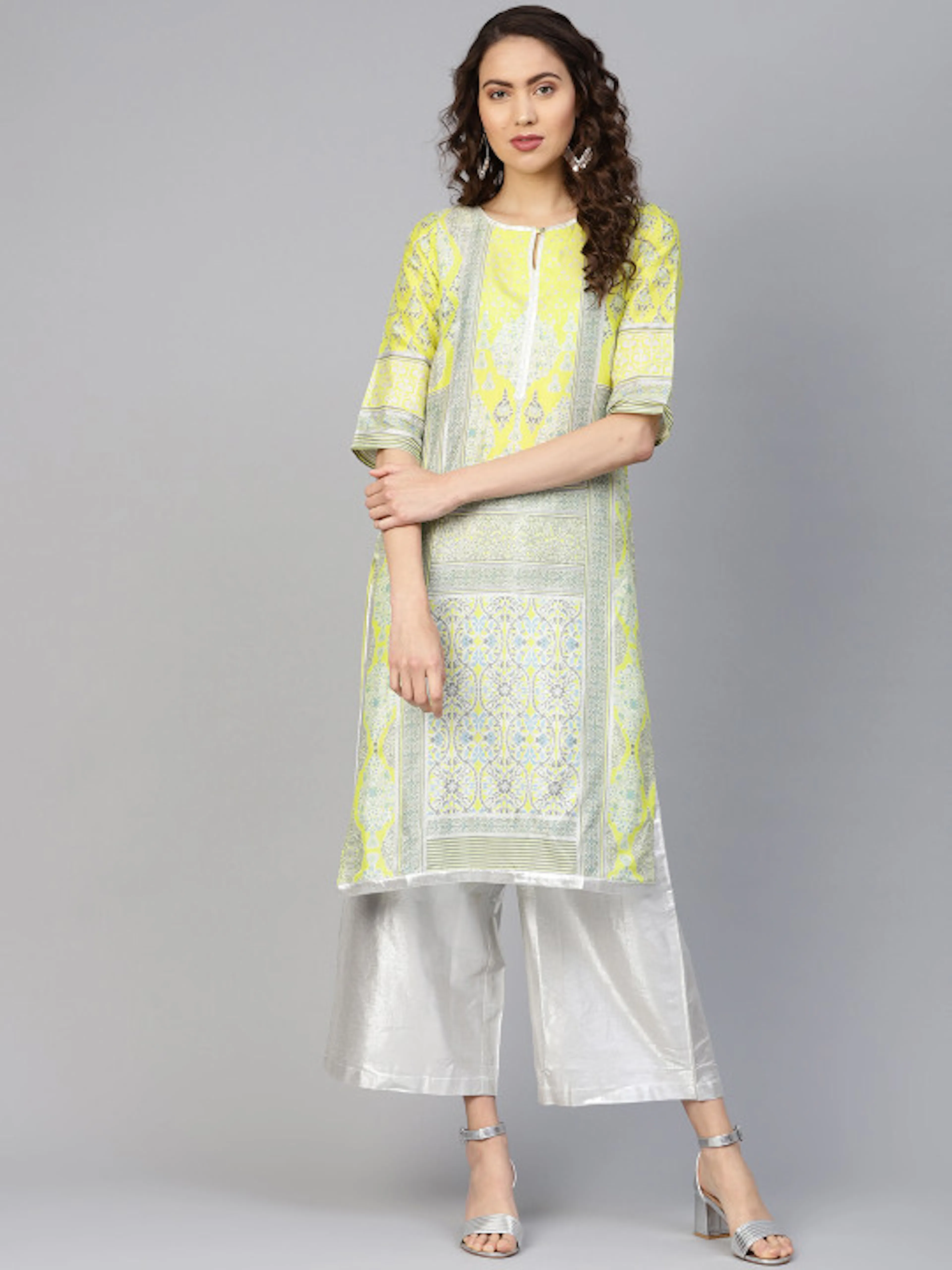 W Women Yellow & Silver Printed Straight Kurta