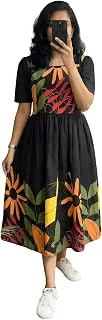 eightoneWomen Printed Dress | Rayon Midi One Piece Dress with Round Neck and Half Sleeves | Casual Frock for Women | Everyday Western Dress for Women