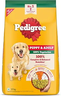 Pedigree Adult & Puppy Dry Dog Food, 100% Vegetarian, 10 kg, Contains 37 Essential Nutrients, 100% Complete & Balanced Food for Adult Dogs