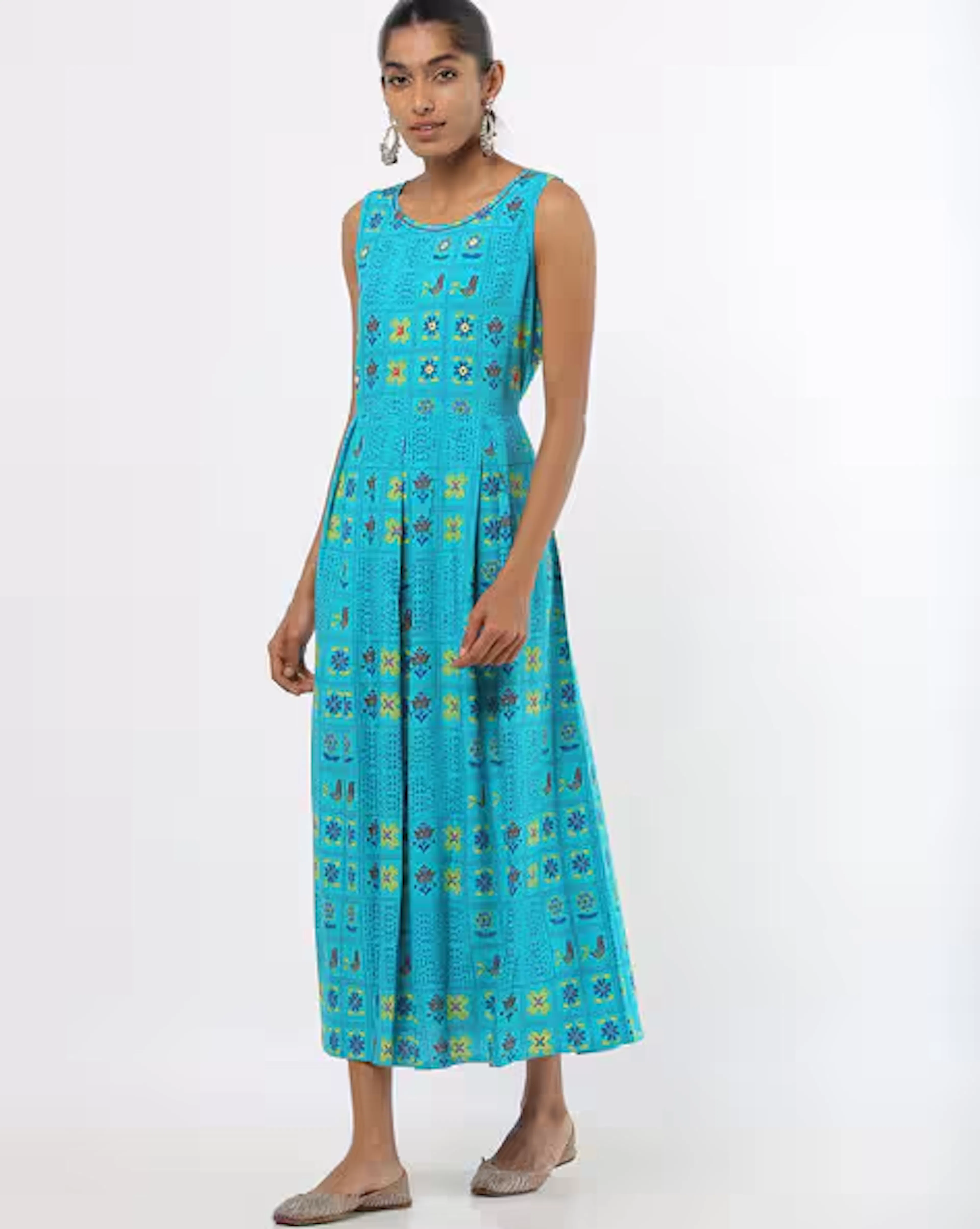 Floral Print A-line Dress with Tasseled Waist Tie-Up