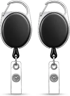 GLUN® Retractable Black ID Card Reel Clips, Set of 2 Oval Round Badge Holders for Office & Workplaces