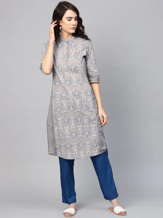 W Women Grey & Blue Printed Straight Kurta