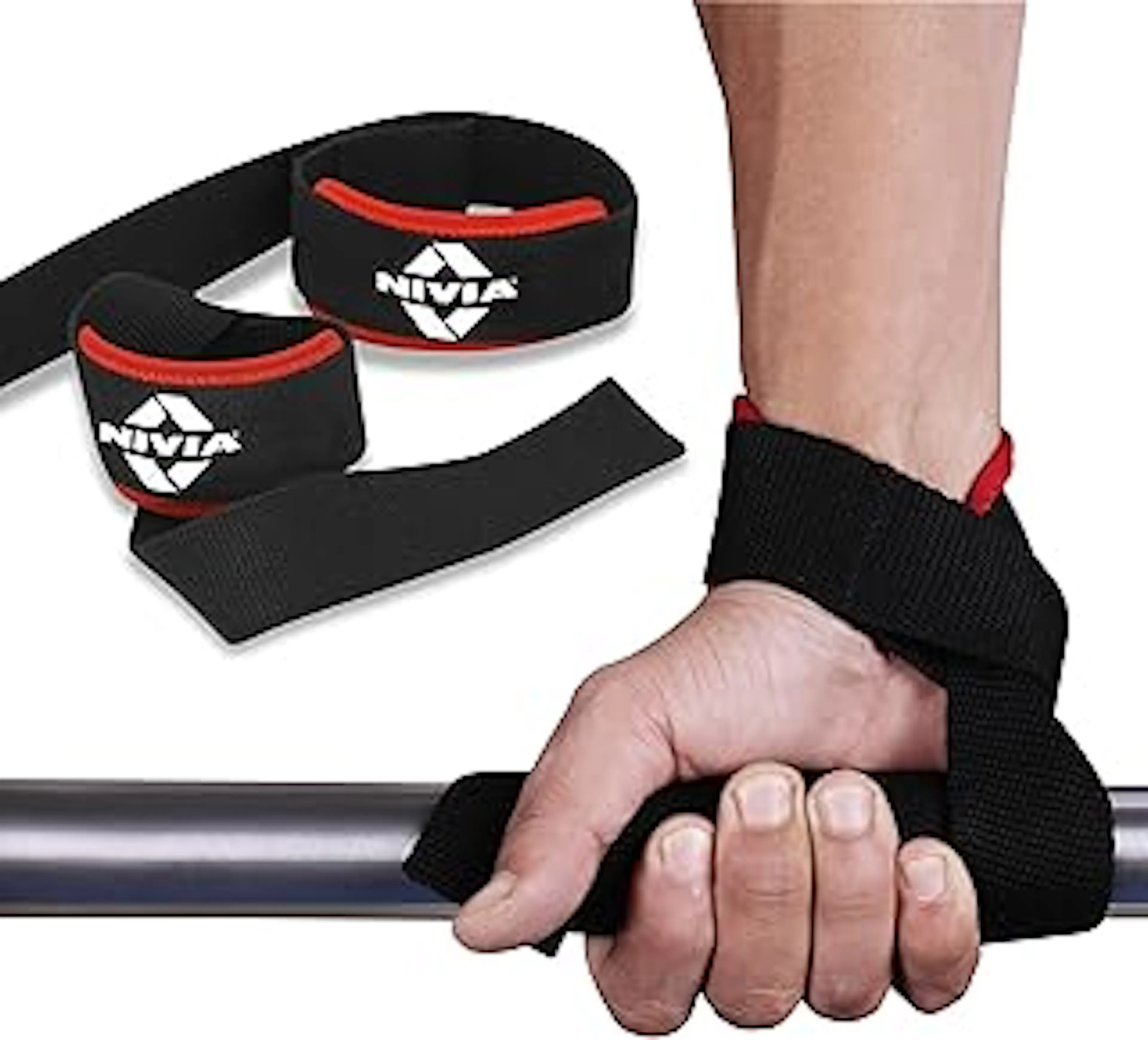 Nivia Weight Lifting Strap with Wrist Supporter for Gym, Powerlifting, Strength Training for Men & Women, Bar Straps for Deadlifting, Gym Equipment for Workout, Neoprene Padded Bar Strap (Red/Black)