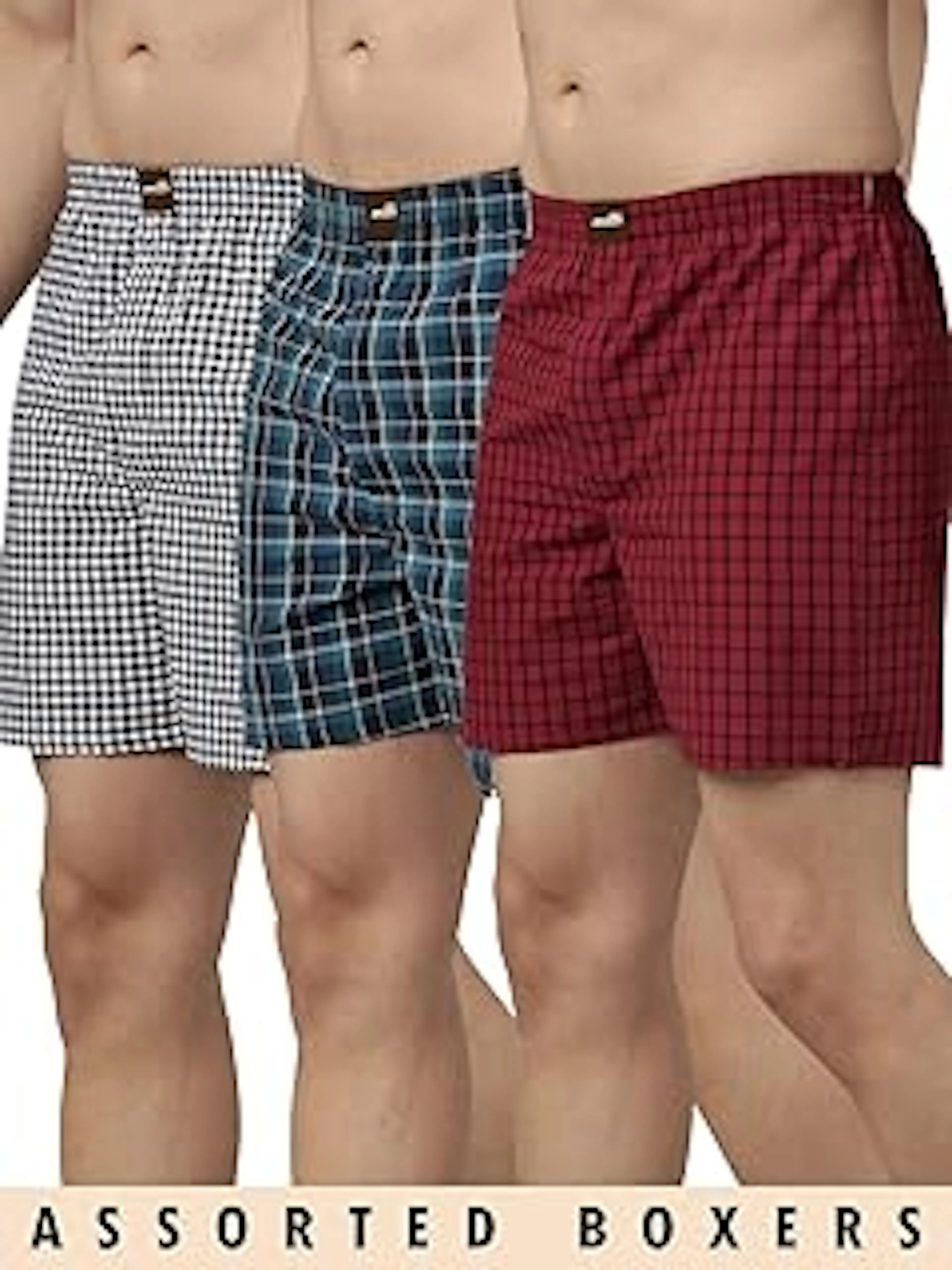 BroonMen's Checked Cotton Blend Assorted Boxer Shorts Pack of 3 | Regular Fit | Elasticated Waistband | Back Pocket | Mens Boxers