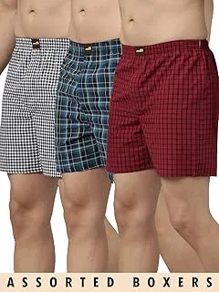 BroonMen's Checked Cotton Blend Assorted Boxer Shorts Pack of 3 | Regular Fit | Elasticated Waistband | Back Pocket | Mens Boxers