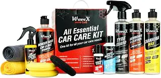 Wavex Car Polish Kit 12 Pcs | Includes Car Dashboard Polish, Car Wax, Tyre Polish, Car Shampoo, Windshield Washer & Car Freshener, Scratch Remover, 2 Cloths, 3 Applicators - Car Washing Kit Cream