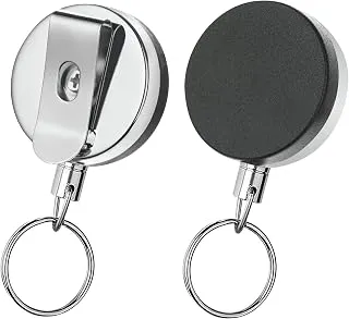 GLUN® Metal Black Retractable Reel ID Card Holder Pack of 2, ID Badge Holder with Back Belt Clip, Card Holders
