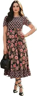 Women's Floral Print Maxi Dress, Black with Pink Flowers, Short Sleeve, A-Line Style