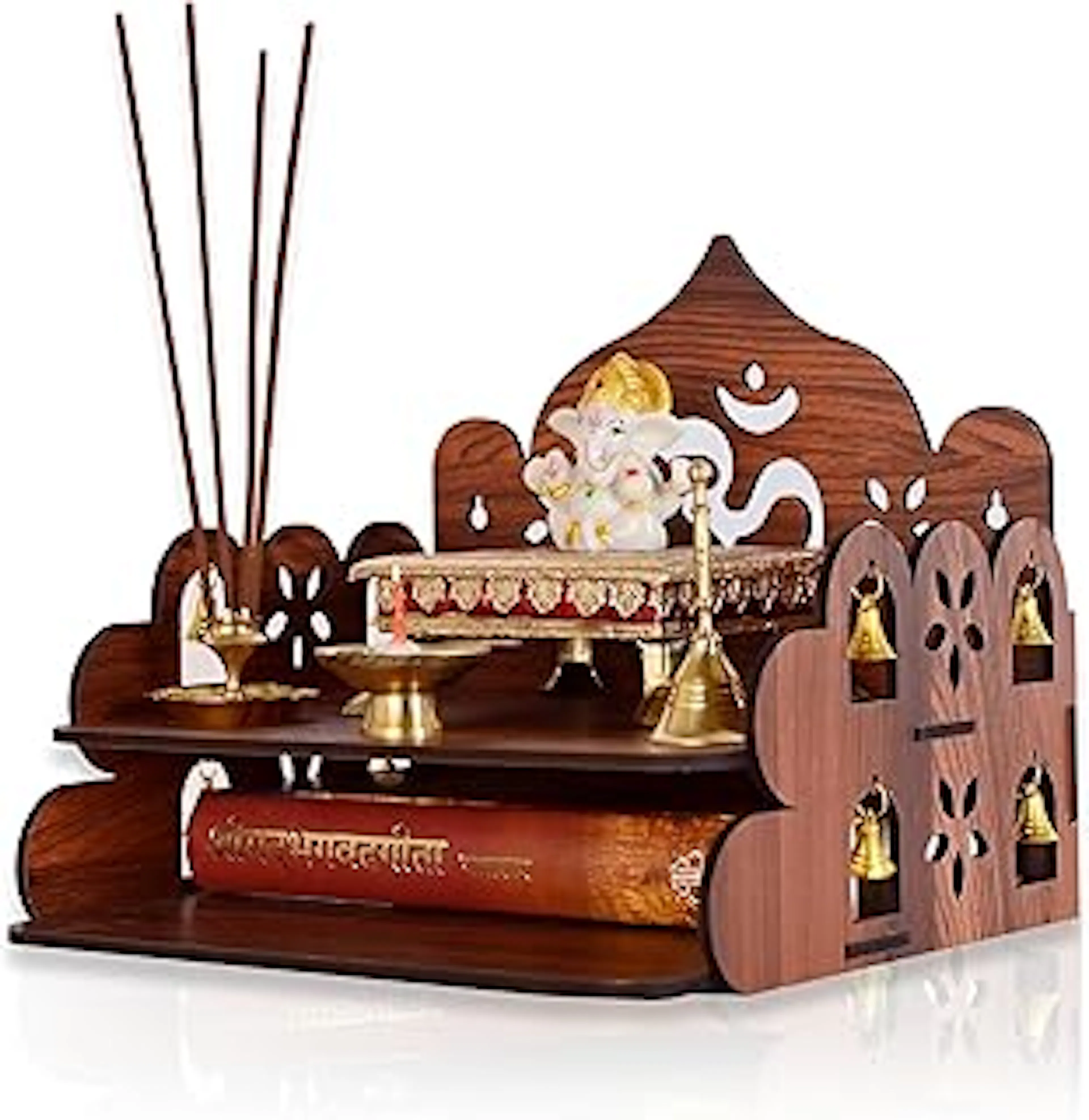 Goelite Small Pooja Stand for Home Wall Mount Or Tabletop | Pooja Mandir Temple for Office and Home with Bells | Unique Design