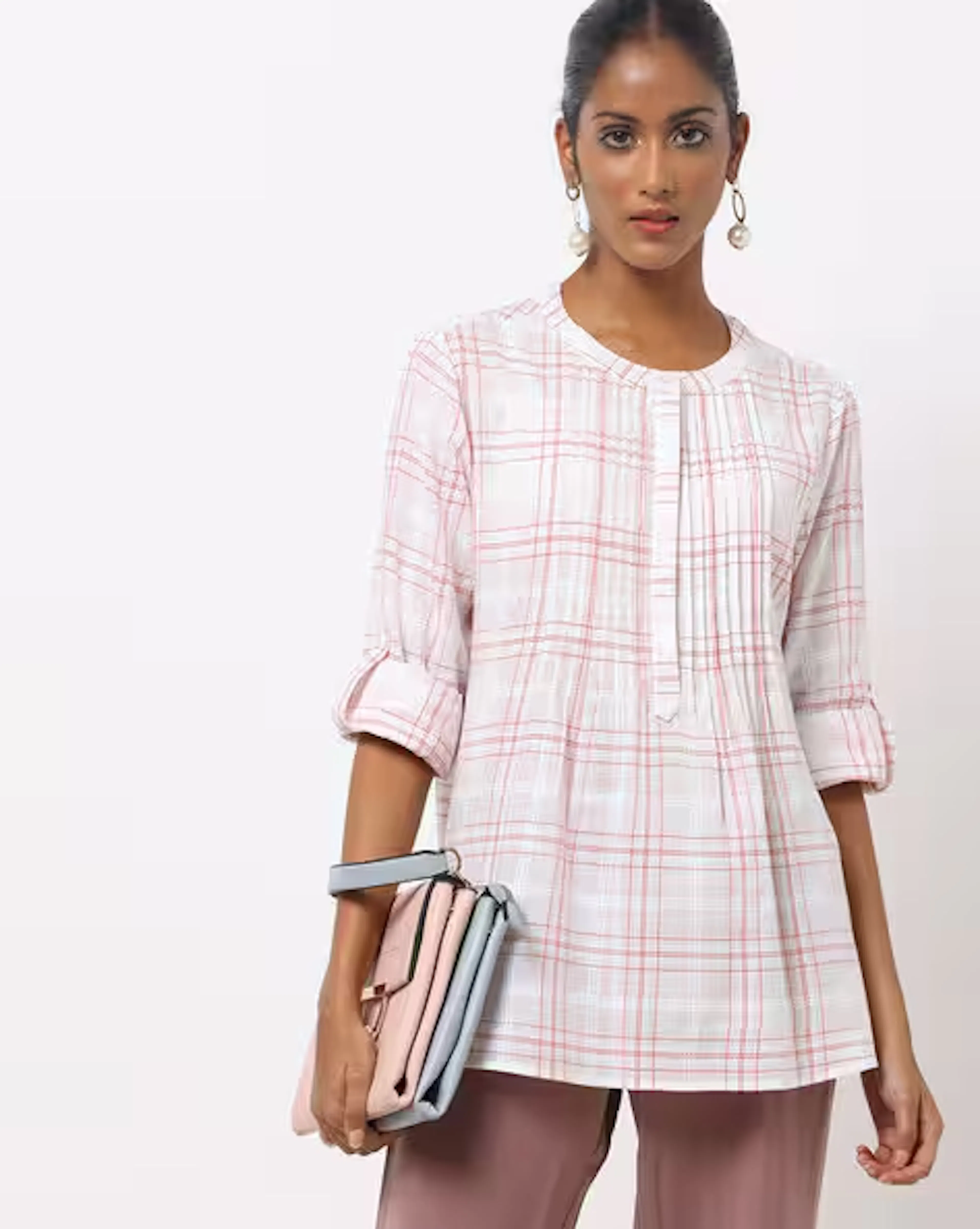 Checked Shirt with Band Collar