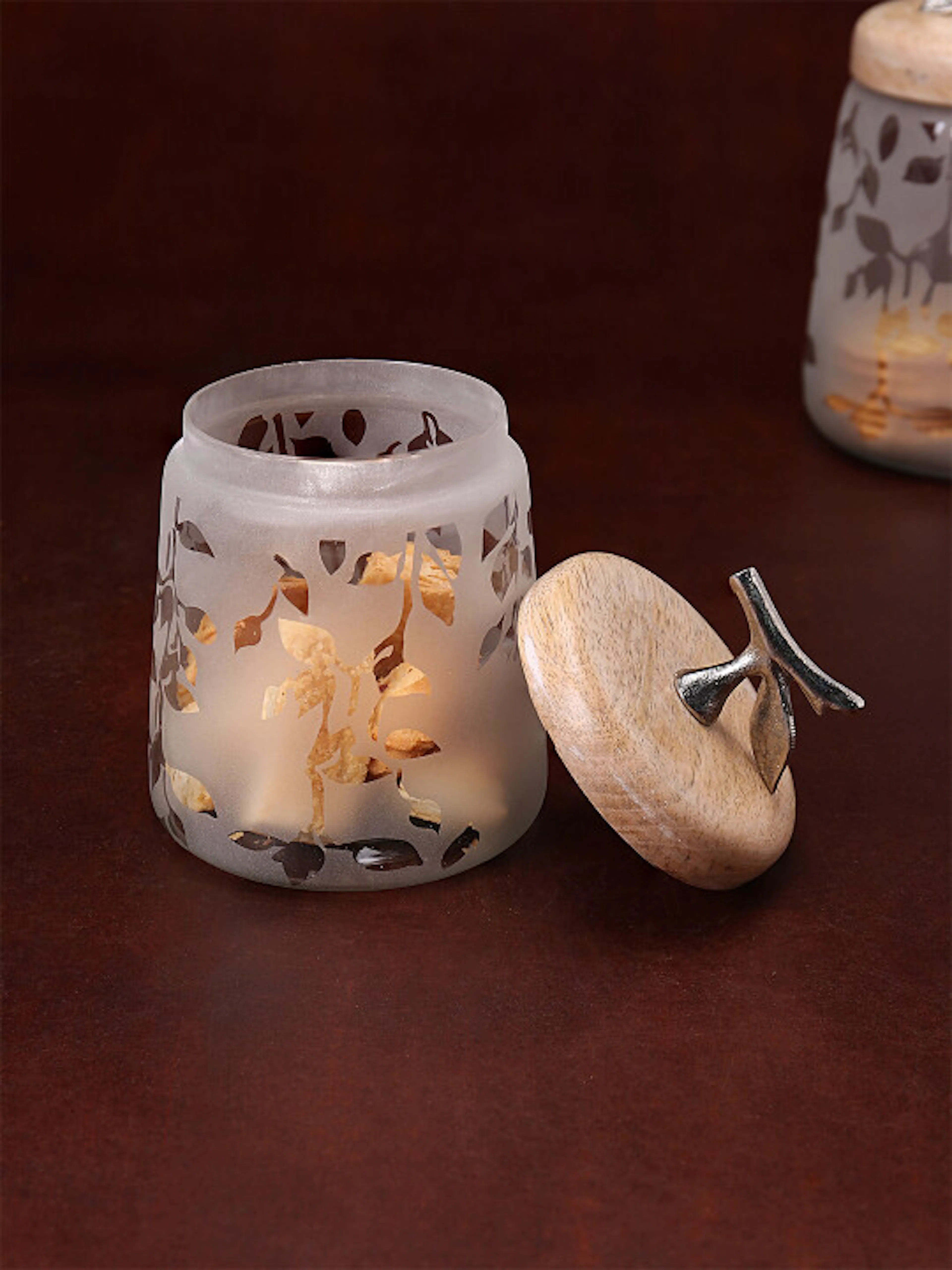 ellementry White & Brown Dishwasher Safe Twigy Frosted Glass Jar with Wooden Lid