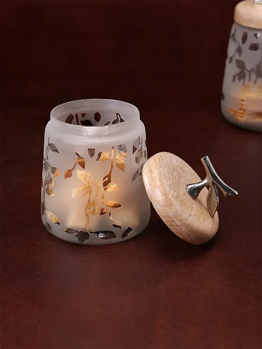 ellementry White & Brown Dishwasher Safe Twigy Frosted Glass Jar with Wooden Lid