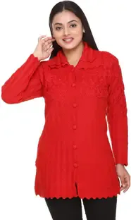 Ozarro Self Design Collared Neck Casual Women Red Sweater