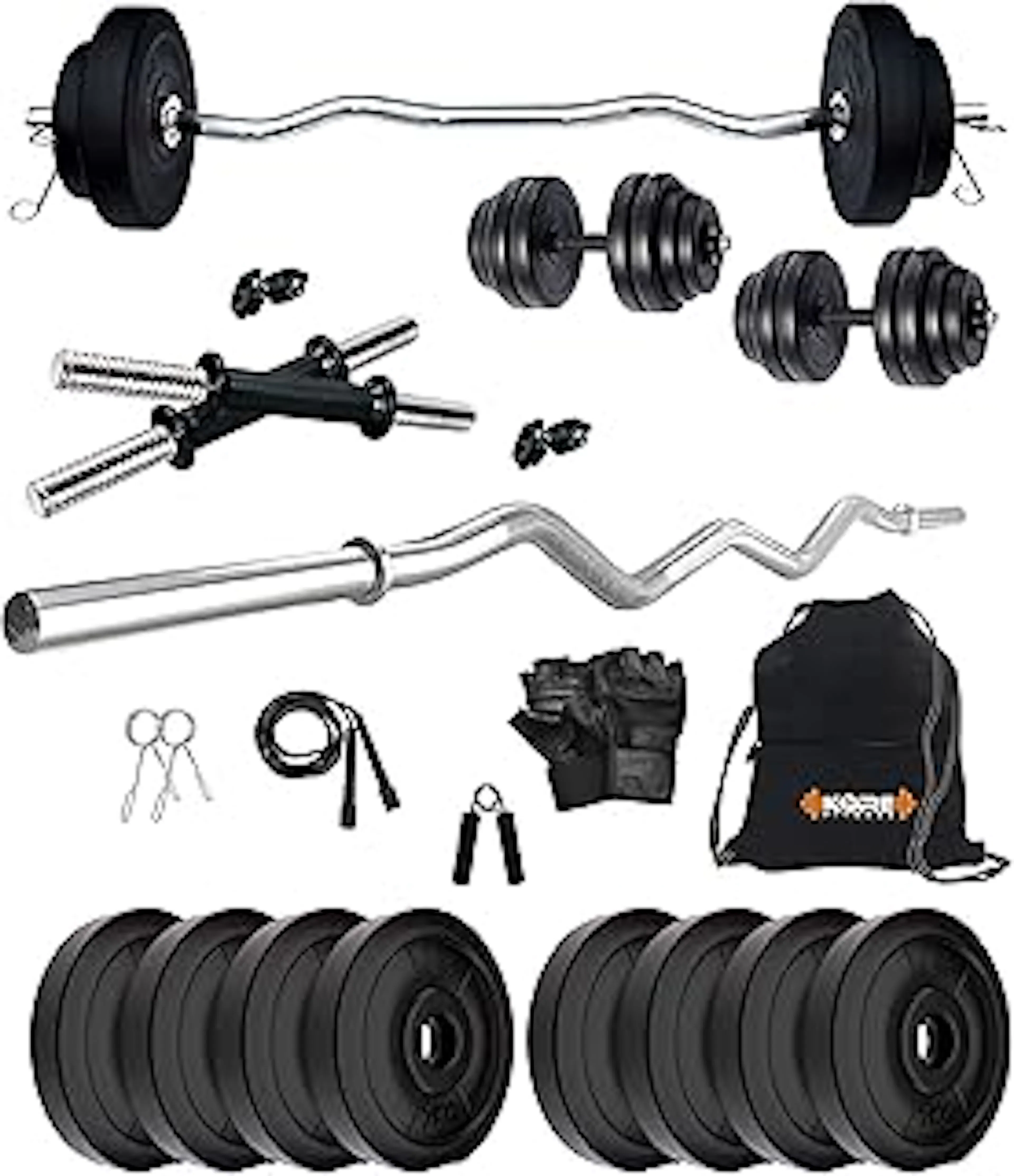 Kore PVC 16 Kg Home Gym Set With One 3 Ft Curl And One Pair Dumbbell Rods With Gym Accessories, Black