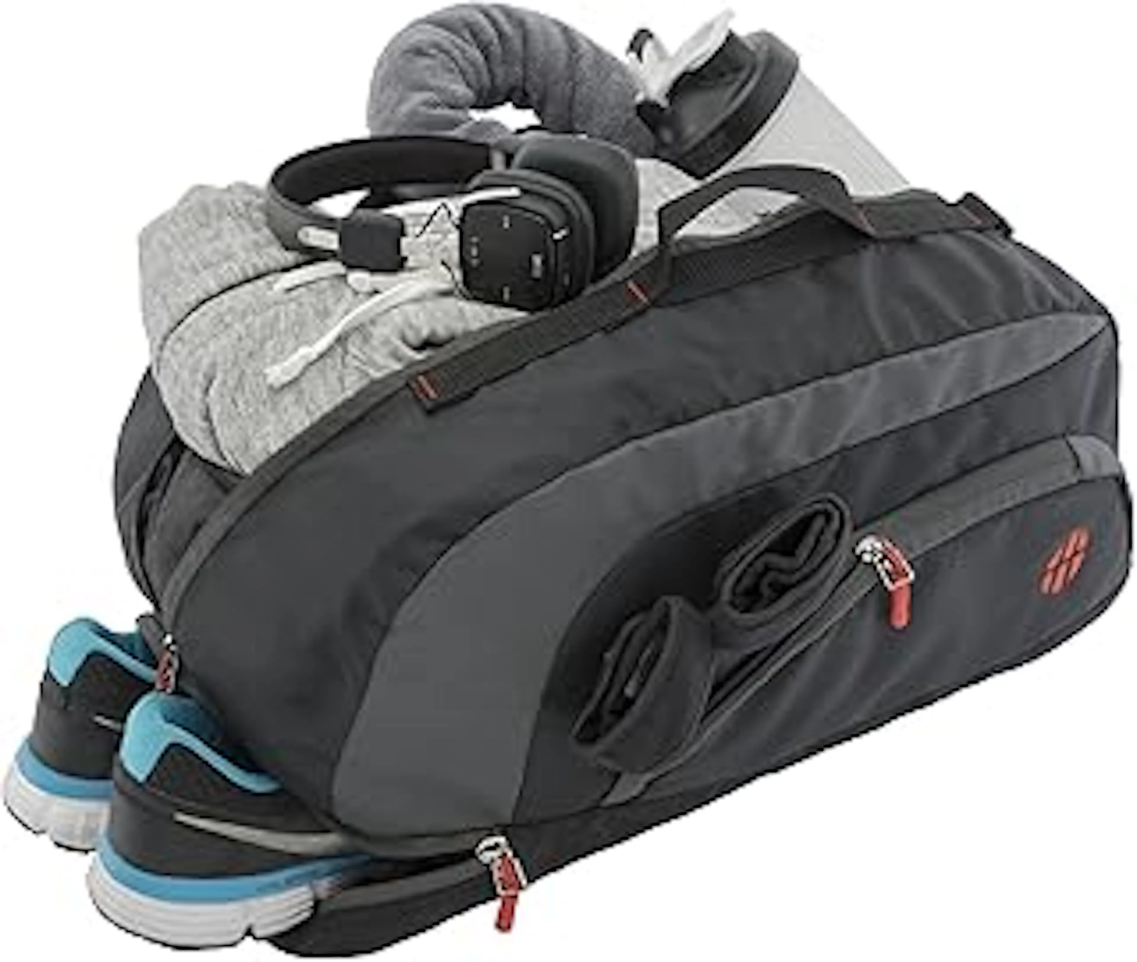 Harissons Jake 31L Water Resistant Duffel Gym Bag for Men & Women | Convertible Travel & Sports Backpack with Shoe Compartment & Easy Front Pocket Access (Black & Grey)