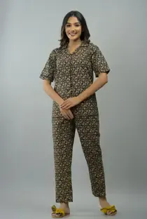GORDHAN Women Printed Yellow Shirt & Pyjama set