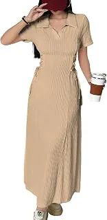 ShasmiWomen’s Solid Color Applique Lace-Up Collared Short Sleeve, Side-Tie Waist Long Casual Maxi Women Dress Outfit Long Evening Midi Western Party Dress for Women (Dress 211)
