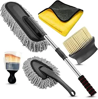 Porslin 5 Pcs Microfiber Car Duster Kit - Extendable Long Handle Car Cleaning Accessories - Interior & Exterior Detailing Brush Set - Scratch & Lint Free,Perfect for Cars,SUVs,Motorcycles,Home,Grey