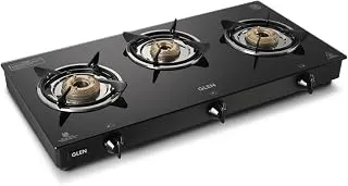 Glen Toughened Glass Top PNG Gas Stove 3 Burner 70 cm | Brass Burners | Black | ISI Certified | 360 Revolving Inlet Nozzle | Stainless Steel Drip Trays | 2 Year Warranty | 1030GTBBBLPN